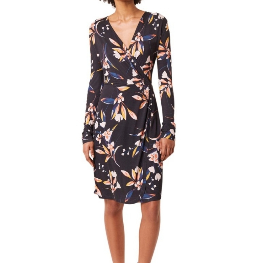 NWT French Connection Raquel Floral Long Sleeve Faux Wrap Dress In Utility Blue.